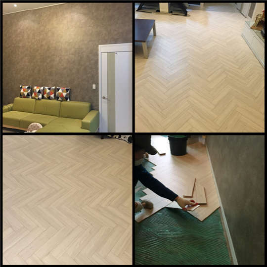 ▲ 미앤하우징의 헤링본 시공, 스토리월 시공 현장 사진